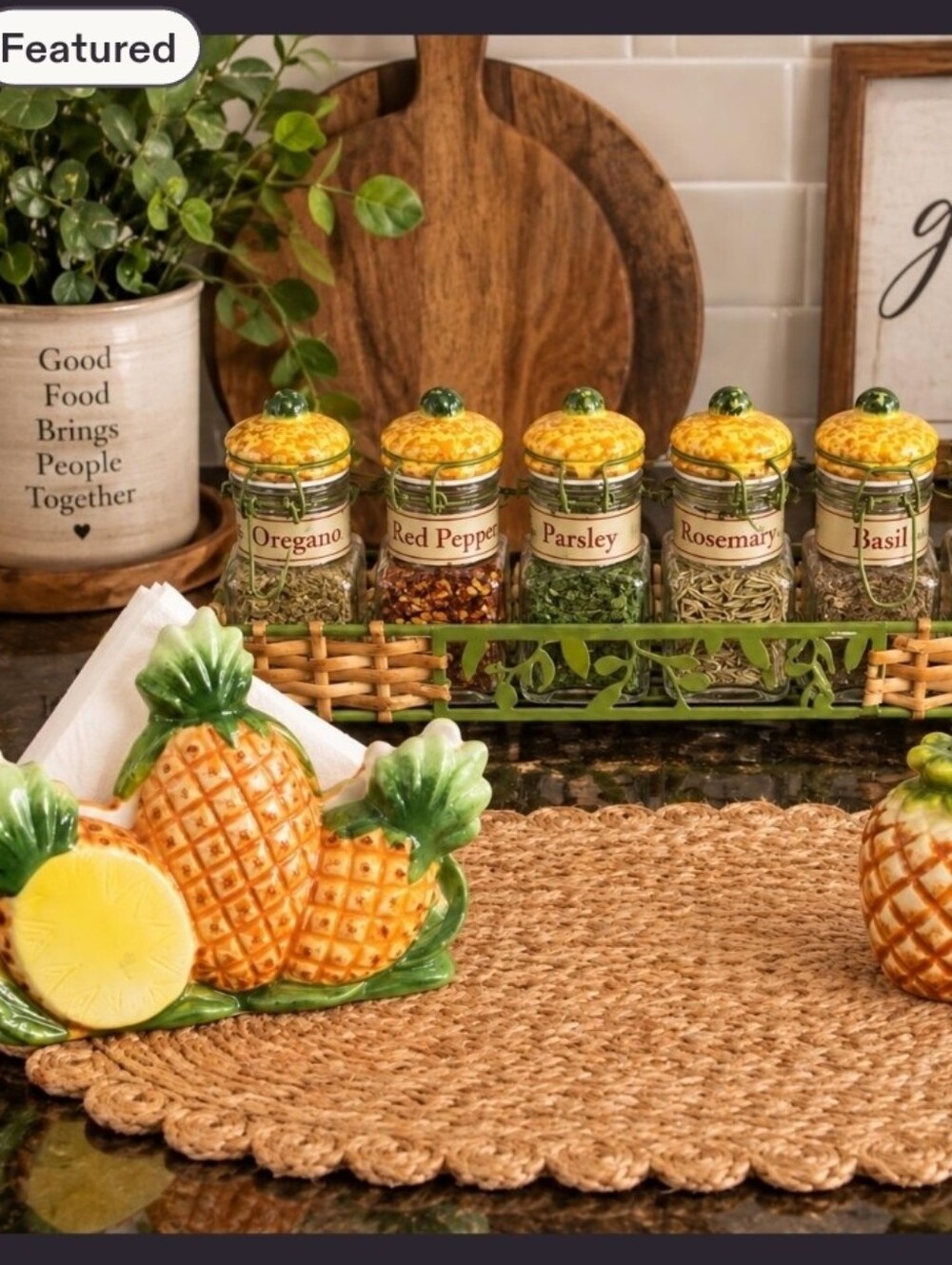 Vintage Spice Jar Set With Wicker Rack Pineapple Salt Pepper Shakers Napkin Hold